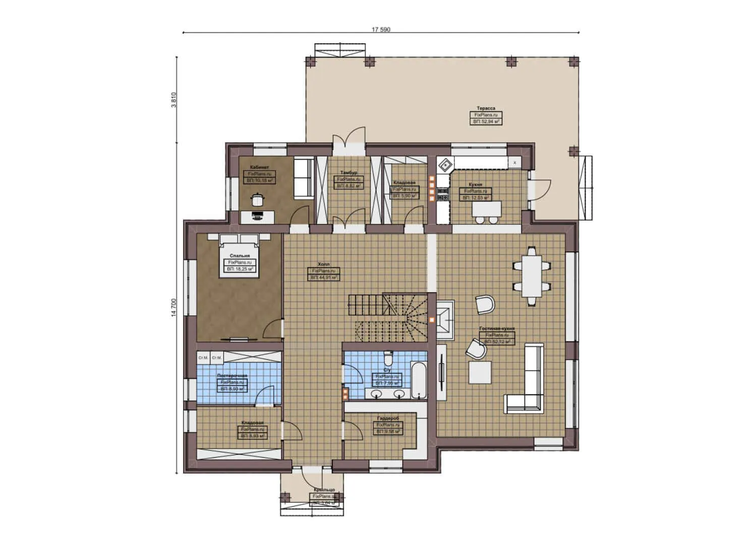 F-6488 - Планы дома с мансардой 15 на 18, площадью 340 м² с террасой и 4 спальнями
