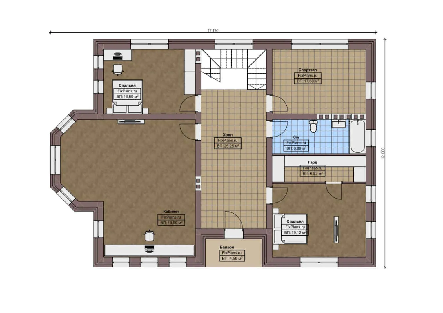 F-1529 - Планы двухэтажного дома 12 на 20, площадью 350 м² с террасой, балконом, спортзалом и 2 спальнями