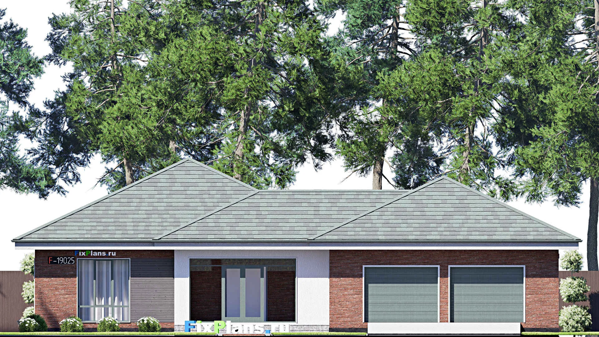 F-19025 - Проект одноэтажного дома 20 на 25, площадью 260 м² с террасой, гаражом на 2 машины и 2 спальнями