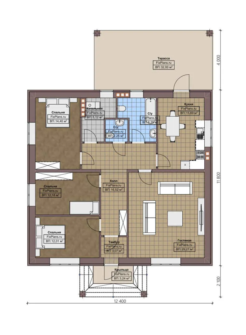 F-3617 - План одноэтажного дома 12 на 13, площадью 160 м² с террасой и 3 спальнями