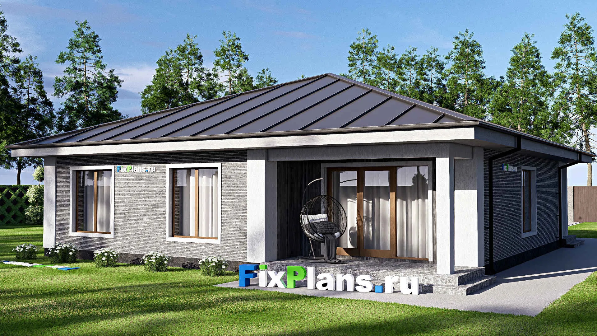 F-18593 - Проект одноэтажного дома 14 на 15, площадью 160 м² с террасой и 3 спальнями