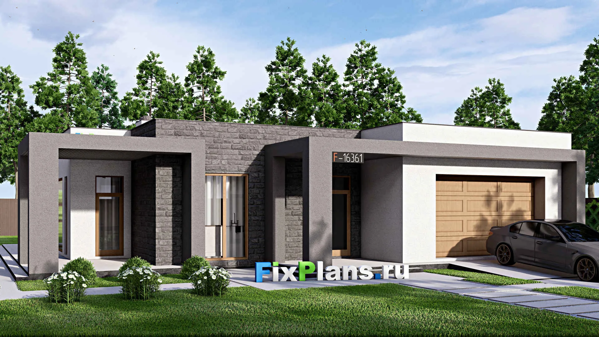 F-16361 - Проект одноэтажного дома 18 на 18, площадью 470 м² с террасой, гаражом на 1 машину и 3 спальнями