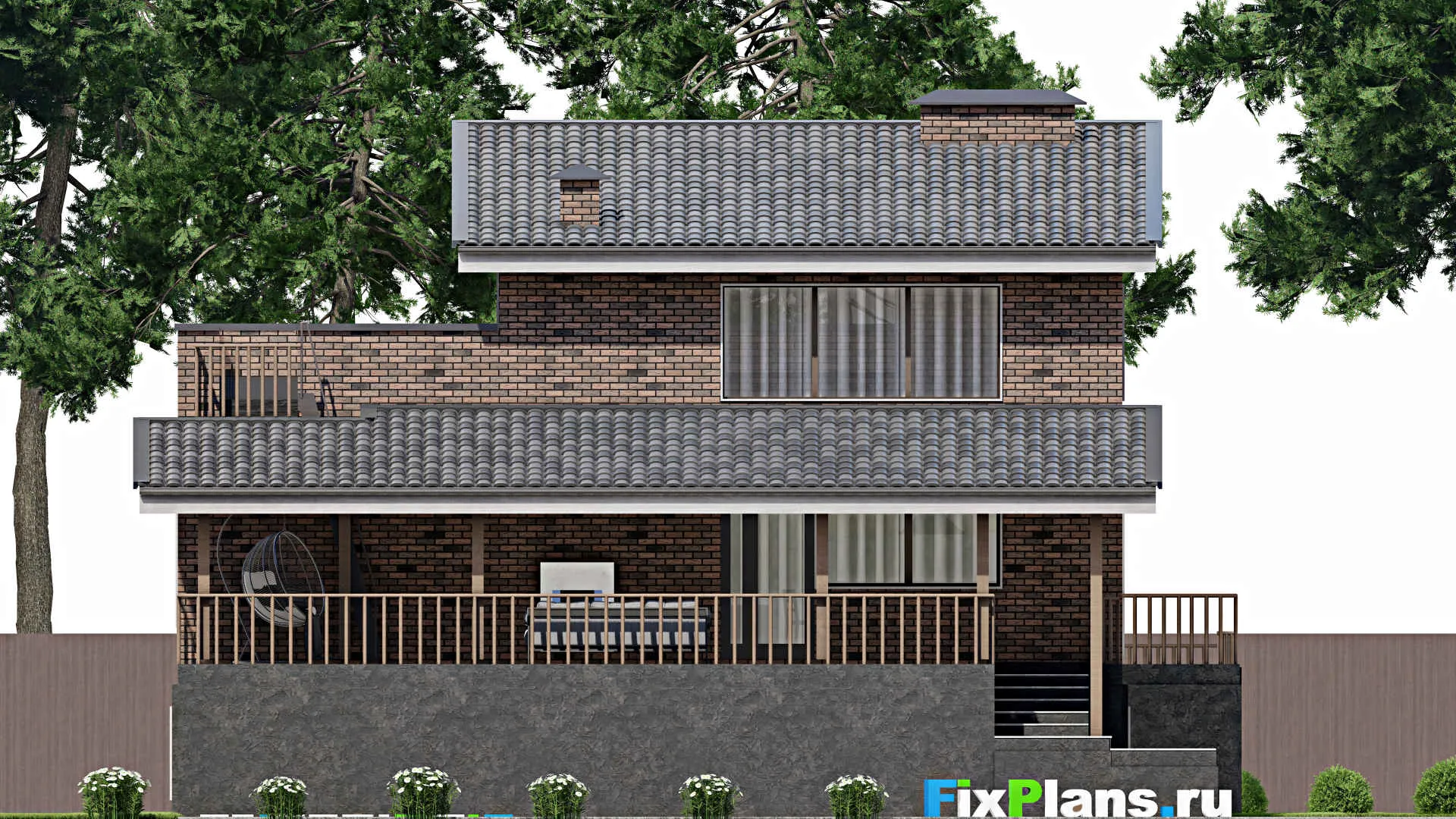 F-9593 - Проект одноэтажного дома 14 на 18, площадью 280 м² с цокольным этажом, гаражом на 2 машины и 3 спальнями