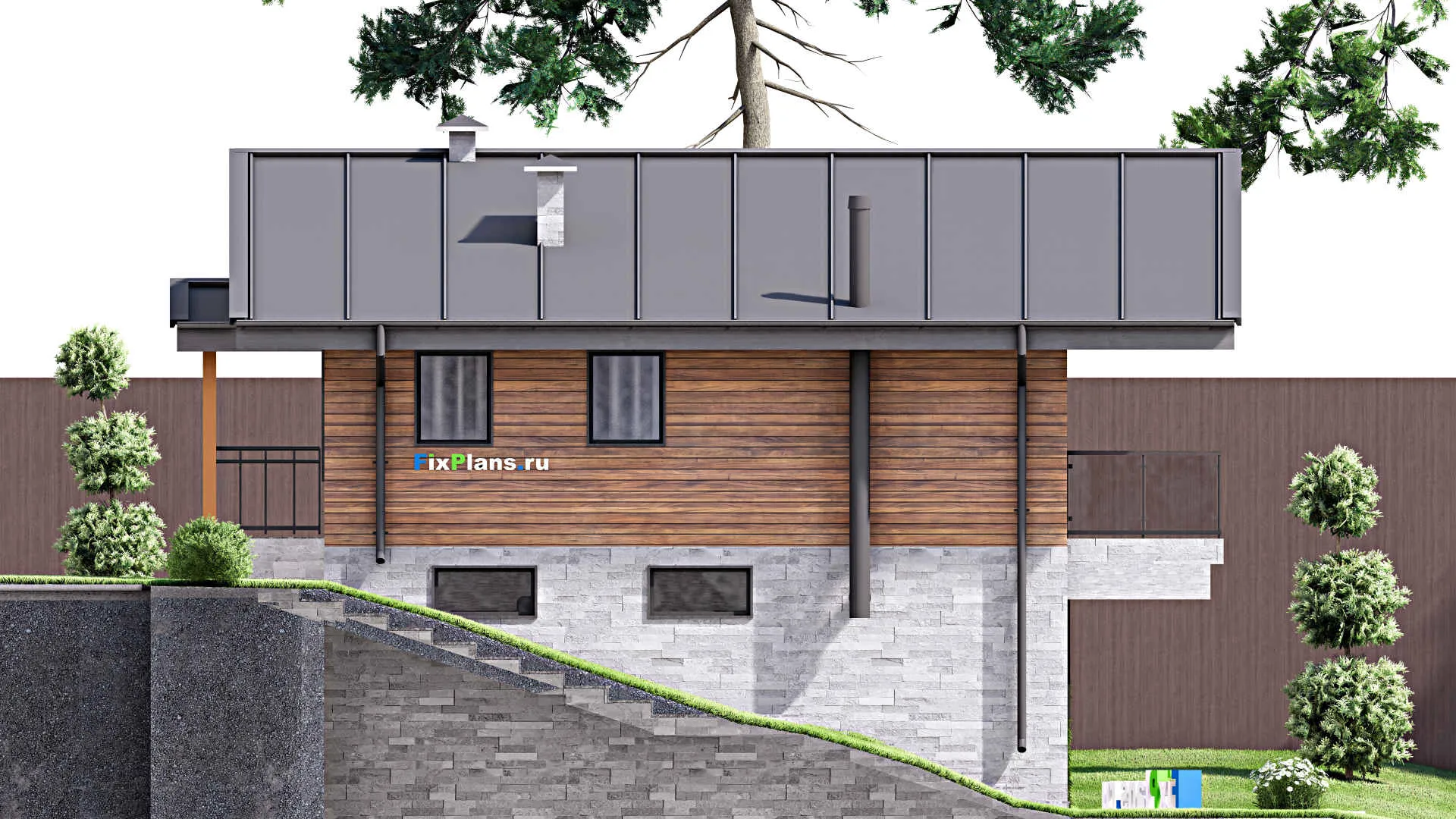 F-9827 - Проект одноэтажного дома 12 на 12, площадью 190 м² с террасой, цокольным этажом, баней, спортзалом и 1 спальнями