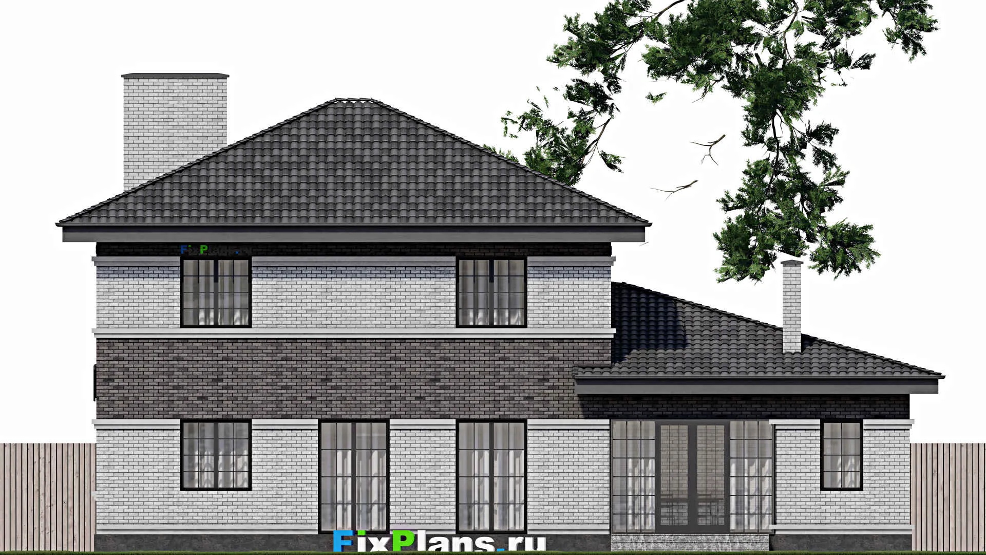 F-1772 - Проект двухэтажного дома 12 на 17, площадью 240 м² с террасой, гаражом на 2 машины и 4 спальнями