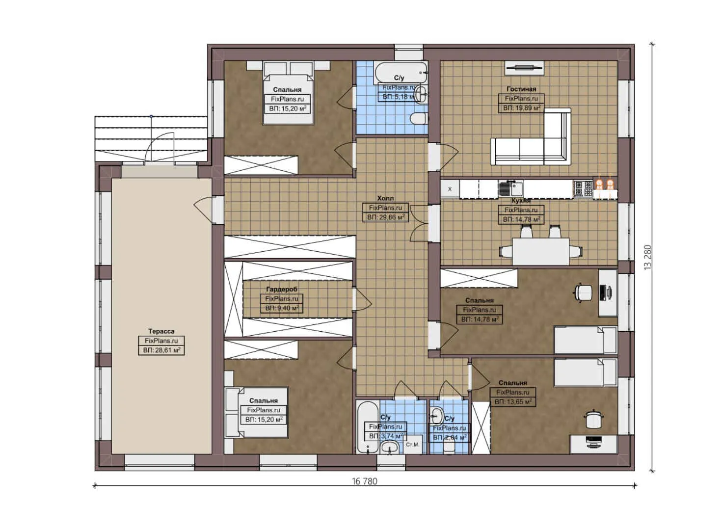 F-4868 - План одноэтажного дома 14 на 17, площадью 180 м² с террасой и 4 спальнями