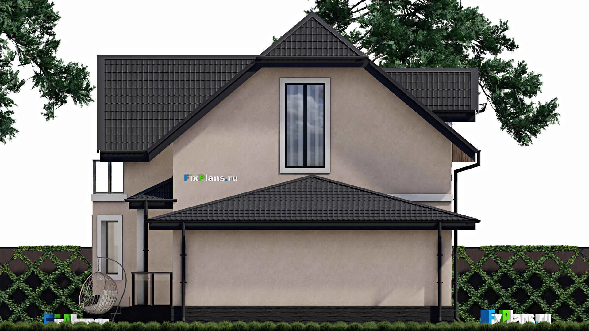 F-0197i - Проект дома с мансардой 11 на 15, площадью 160 м² с террасой, балконом, гаражом на 1 машину и 4 спальнями