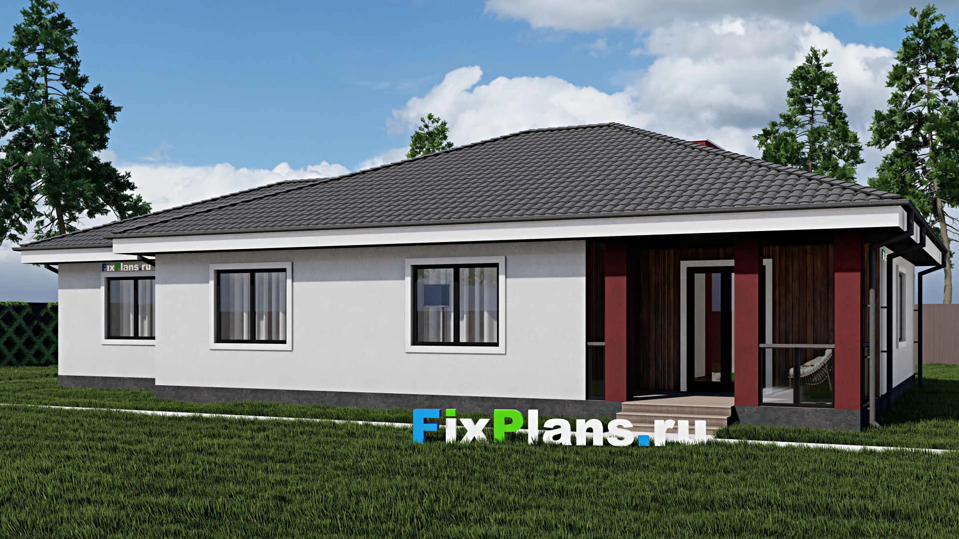 F-0269 - Проект одноэтажного дома 12 на 20, площадью 180 м² с террасой, гаражом на 1 машину и 3 спальнями