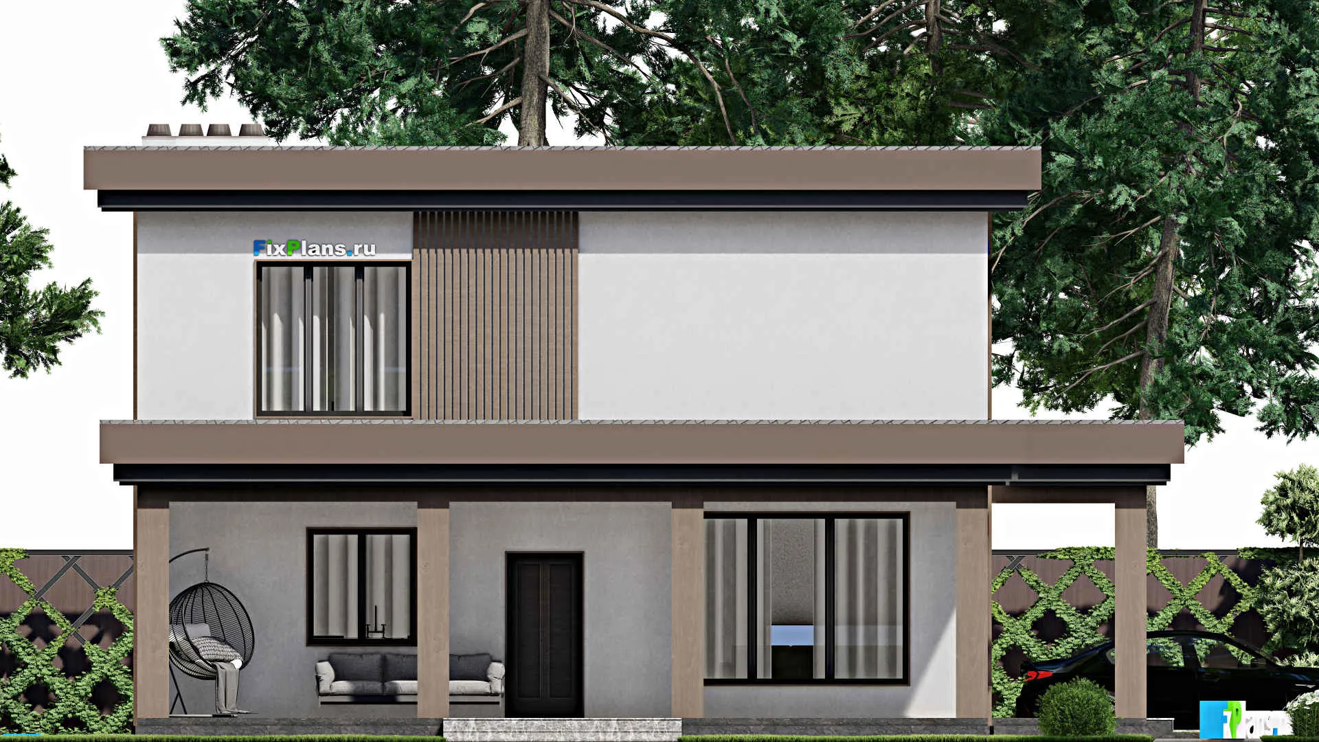 F-7289 - Проект двухэтажного дома 13 на 17, площадью 270 м² с террасой, гаражом на 1 машину и 4 спальнями