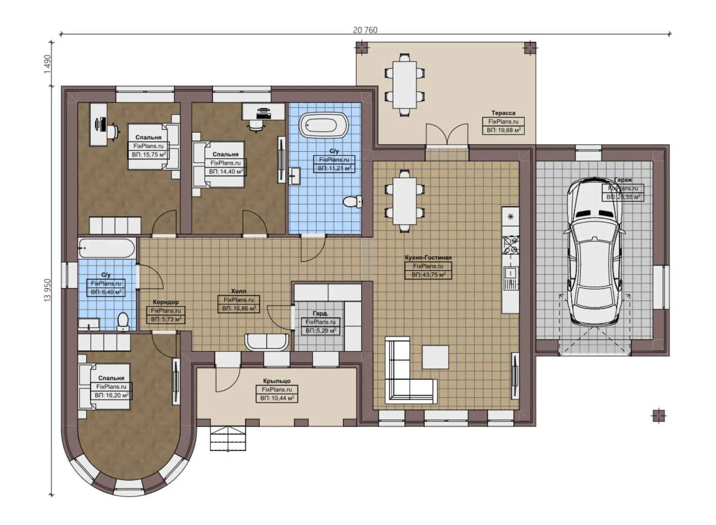F-0539i - План одноэтажного дома 14 на 21, площадью 200 м² с террасой, гаражом на 1 машину и 3 спальнями