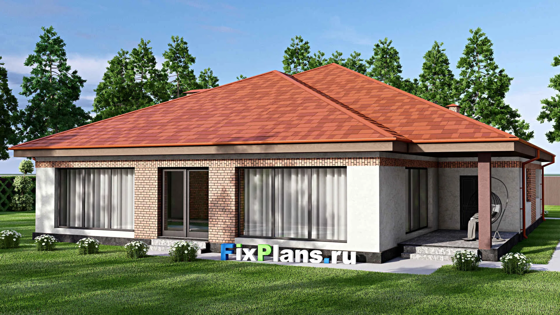 F-15425 - Проект одноэтажного дома 17 на 21, площадью 280 м² с террасой, баней, бассейном и 2 спальнями