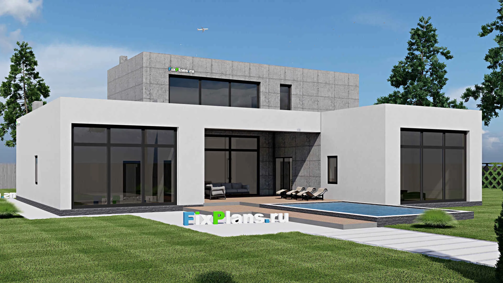 F-0359 - Проект двухэтажного дома 19 на 21, площадью 550 м² с террасой, балконом, баней, бассейном, спортзалом и 4 спальнями