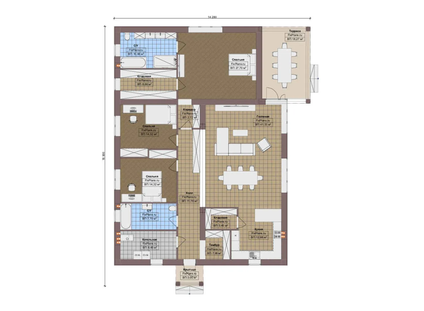 F-20384 - План одноэтажного дома 15 на 19, площадью 200 м² с террасой и 3 спальнями