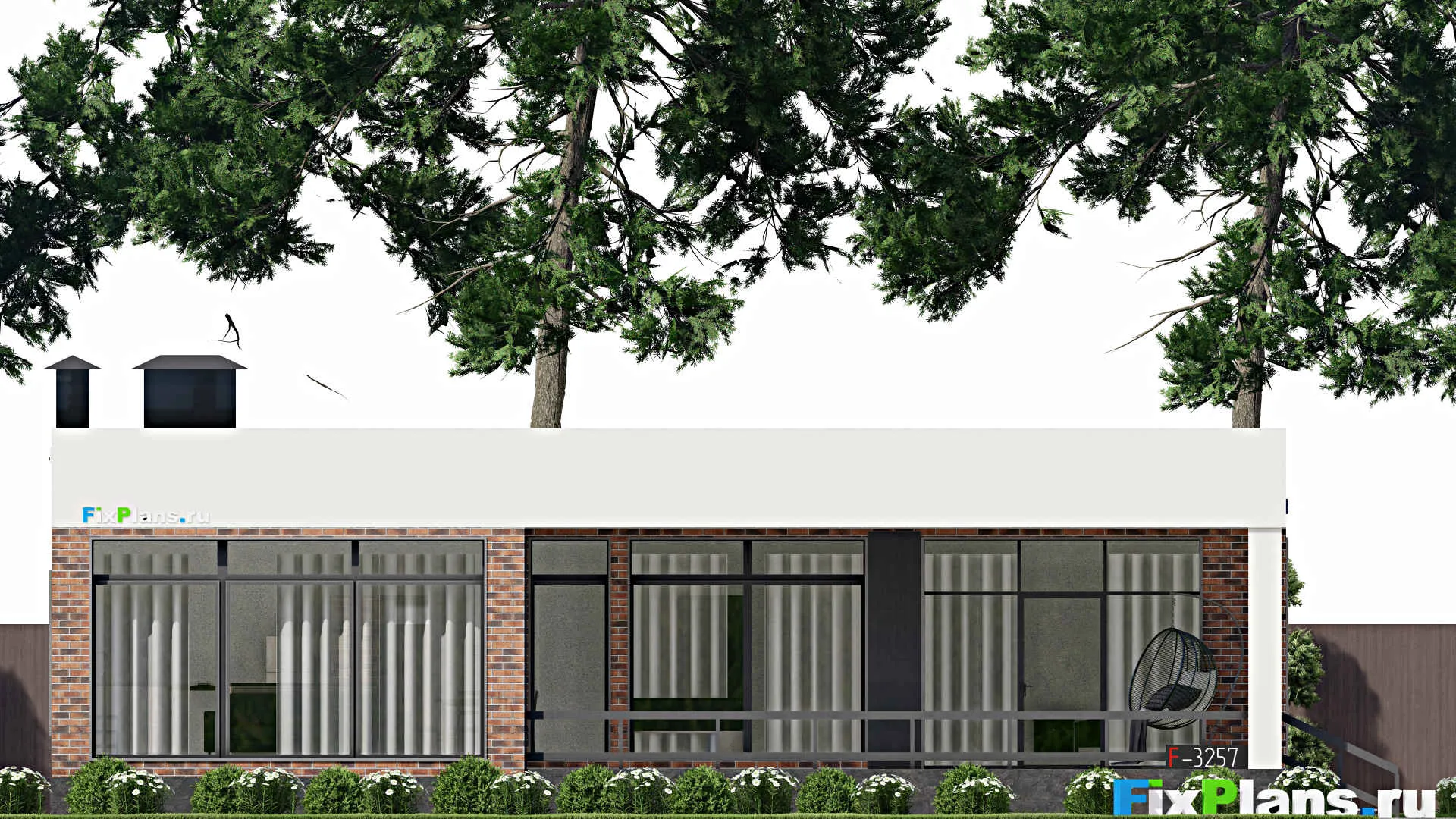 F-3257 - Проект одноэтажного дома 15 на 15, площадью 180 м² с террасой и 3 спальнями