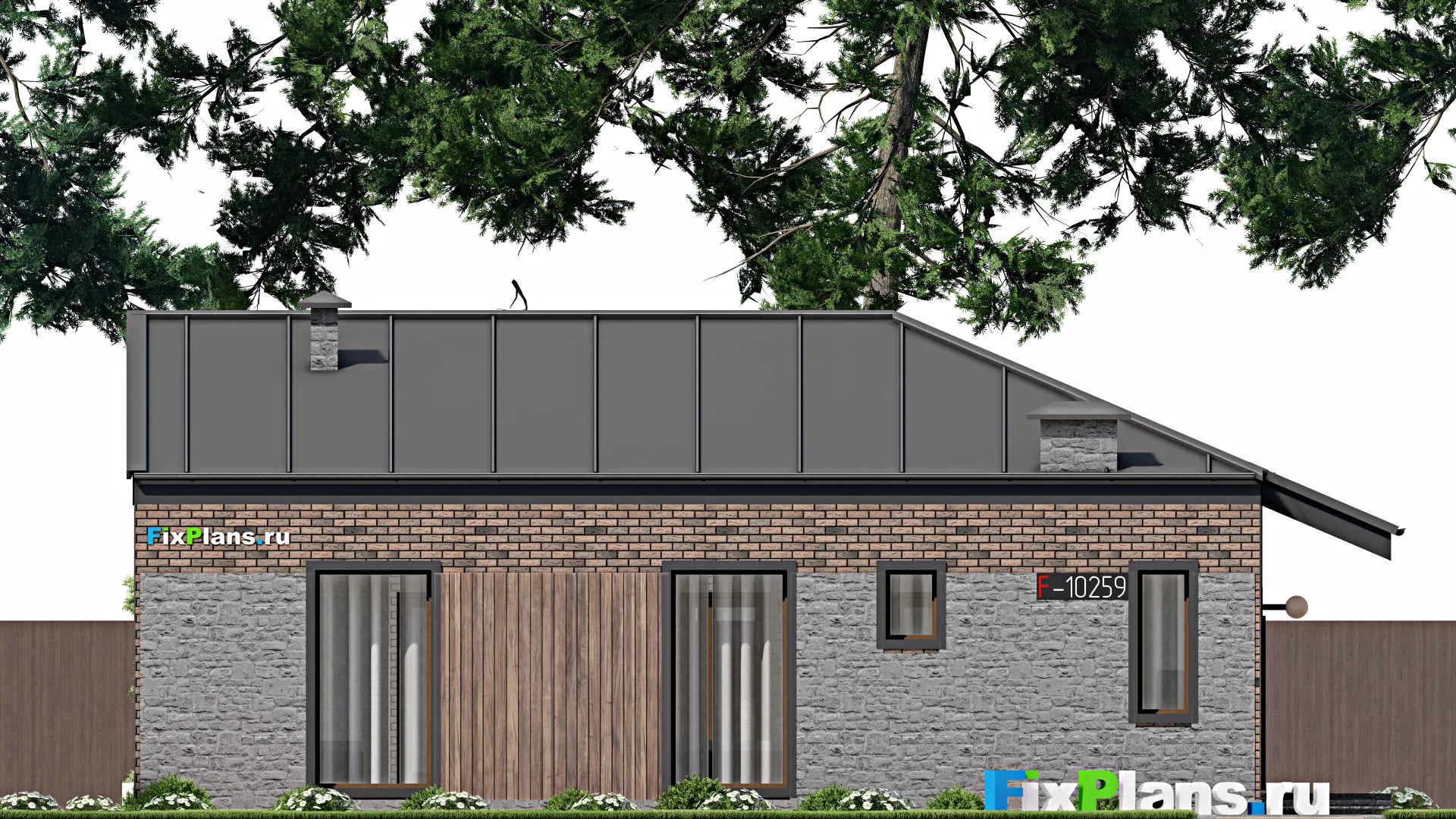 F-10259 - Проект одноэтажного дома 14 на 15, площадью 150 м² с террасой и 3 спальнями