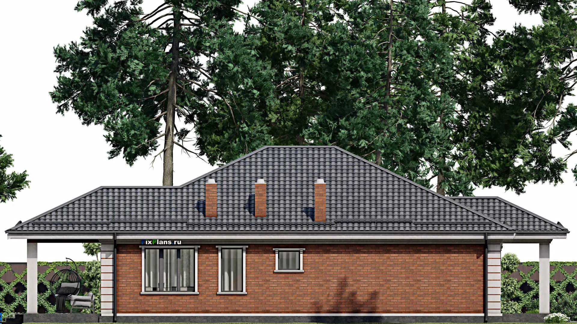 F-8585 - Проект одноэтажного дома 13 на 21, площадью 180 м² с террасой и 3 спальнями