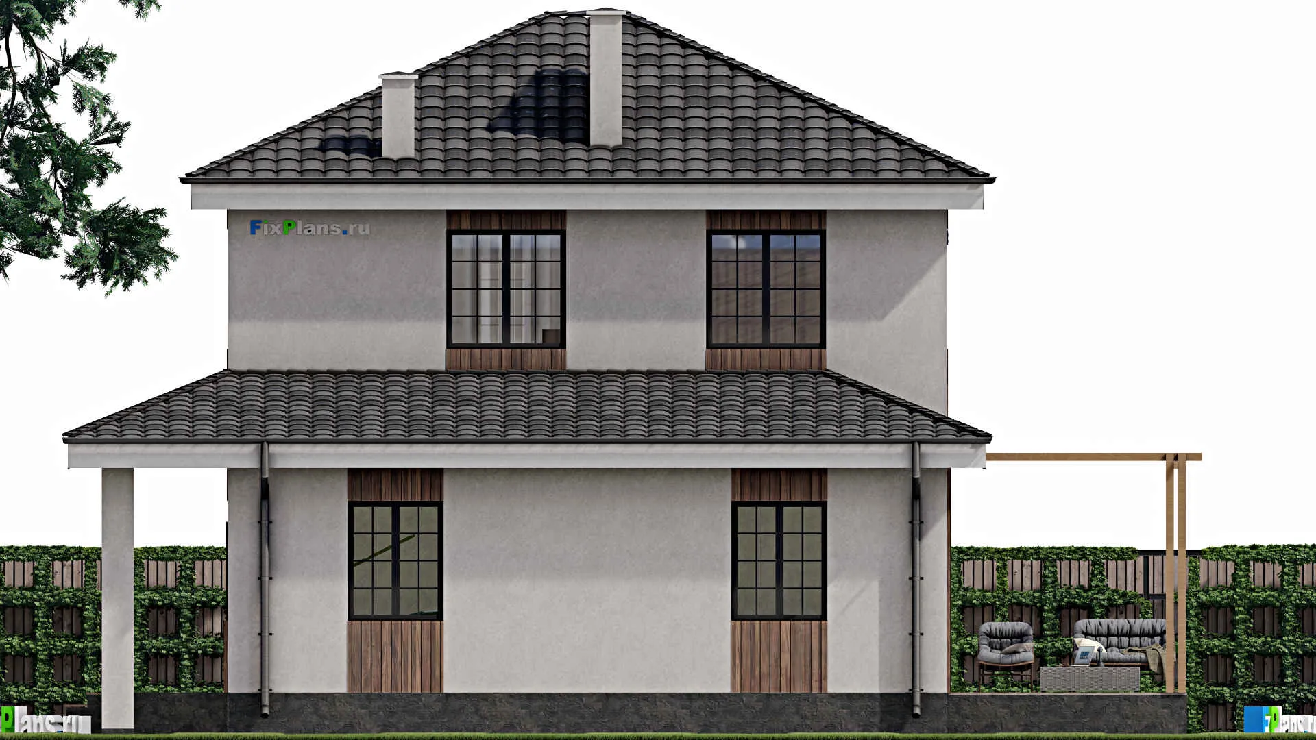 F-1583 - Проект двухэтажного дома 9 на 13, площадью 180 м² с террасой, гаражом на 1 машину и 4 спальнями