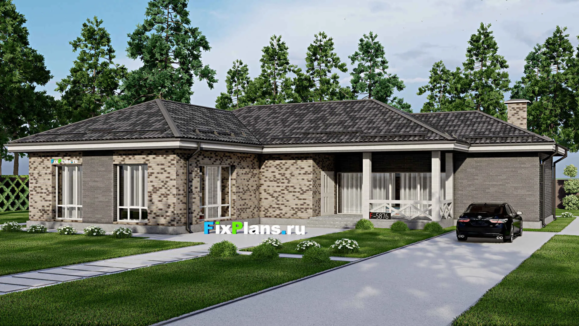 F-5876 - Проект одноэтажного дома 16 на 21, площадью 190 м² с баней, бассейном и 2 спальнями