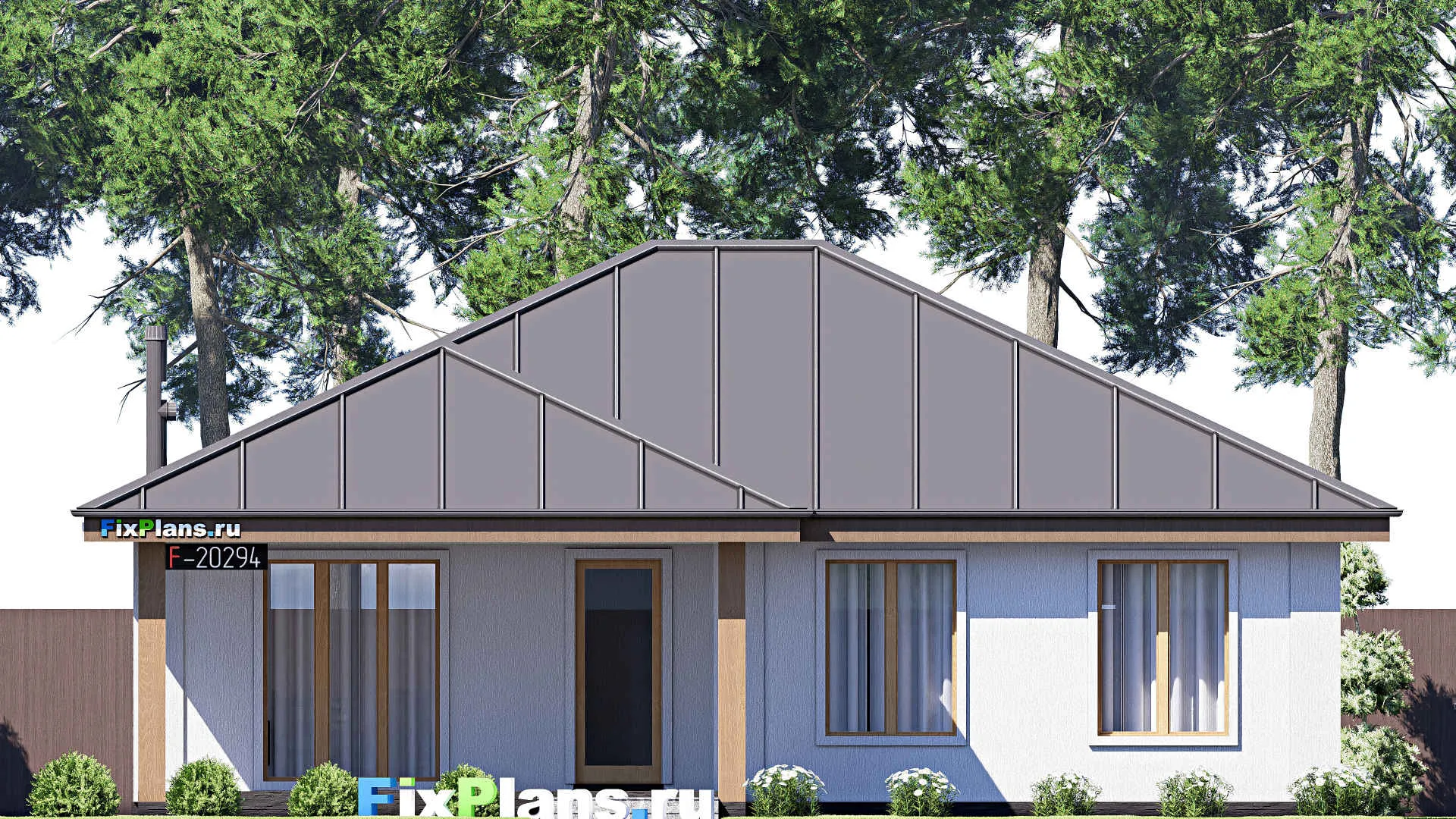 F-20294 - Проект одноэтажного дома 14 на 14, площадью 140 м² с террасой и 3 спальнями