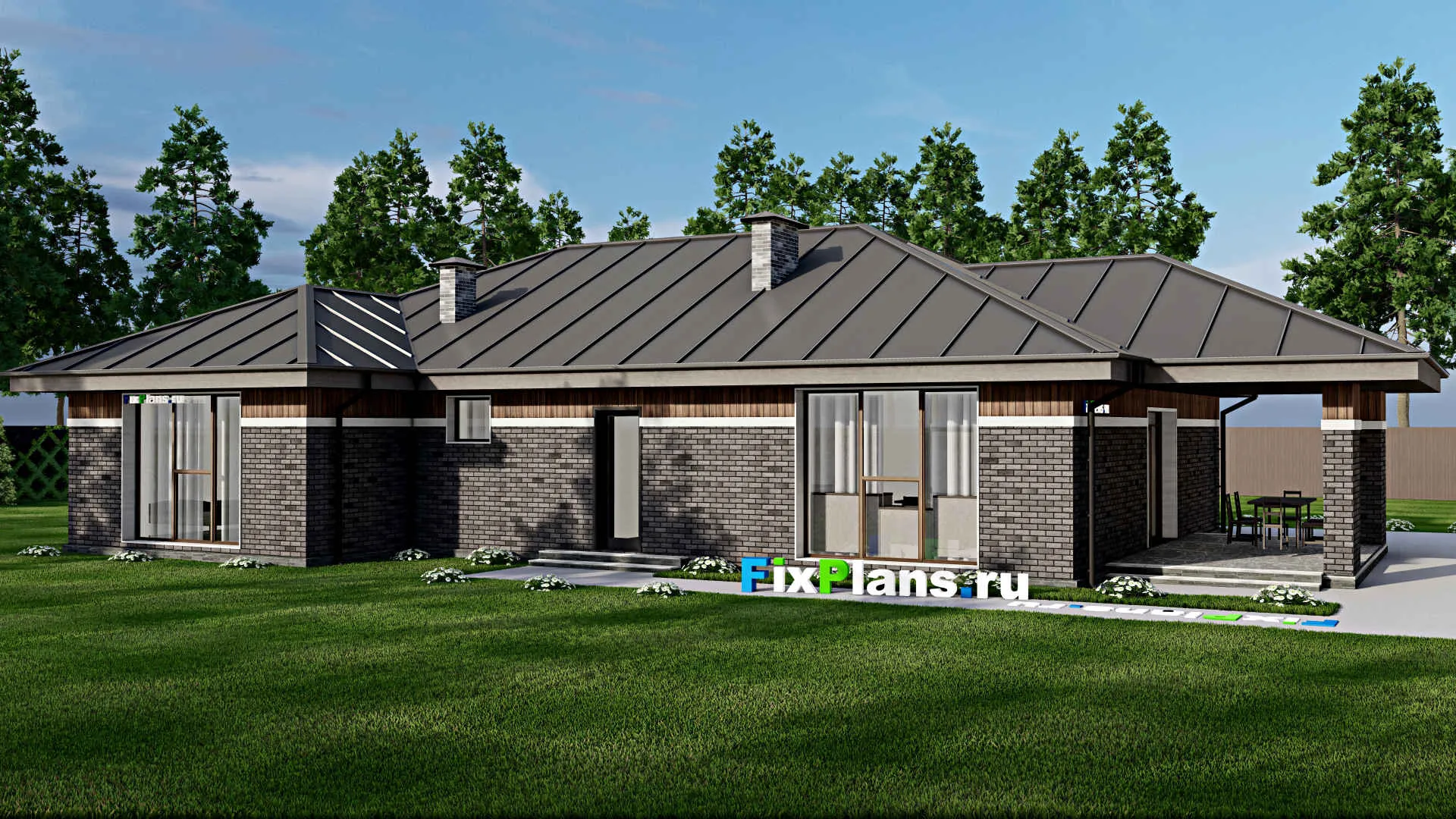 F-9935 - Проект одноэтажного дома 16 на 22, площадью 220 м² с террасой и 2 спальнями