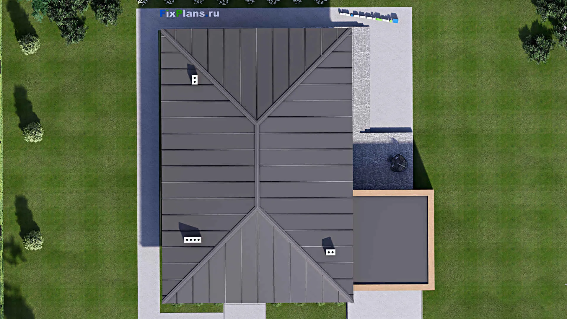 F-16190 - Проект одноэтажного дома 18 на 18, площадью 220 м² с террасой, гаражом на 2 машины и 3 спальнями