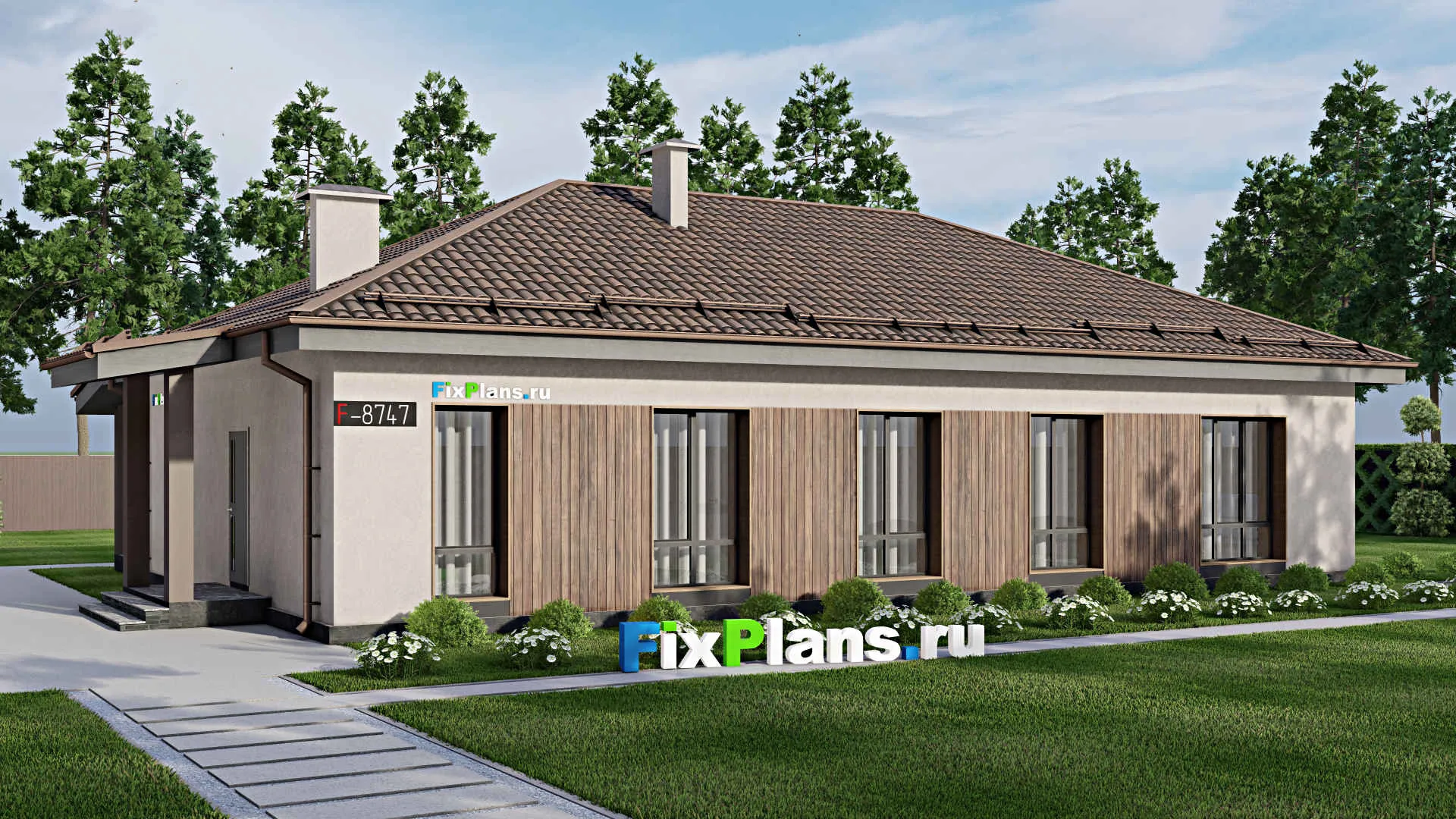 F-8747 - Проект одноэтажного дома 14 на 18, площадью 180 м² с террасой и 5 спальнями