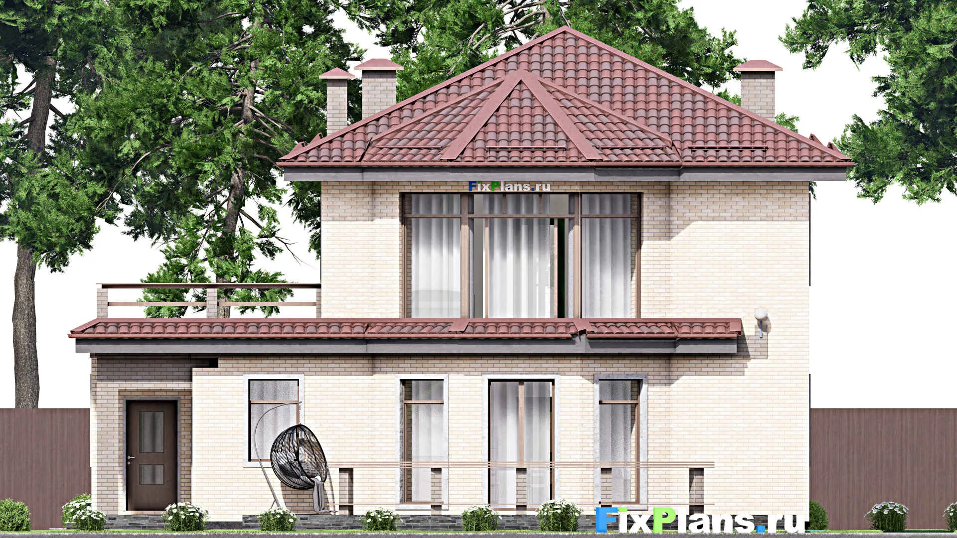 F-12716 - Проект двухэтажного дома 14 на 18, площадью 300 м² с террасой, балконом, гаражом на 1 машину и 3 спальнями