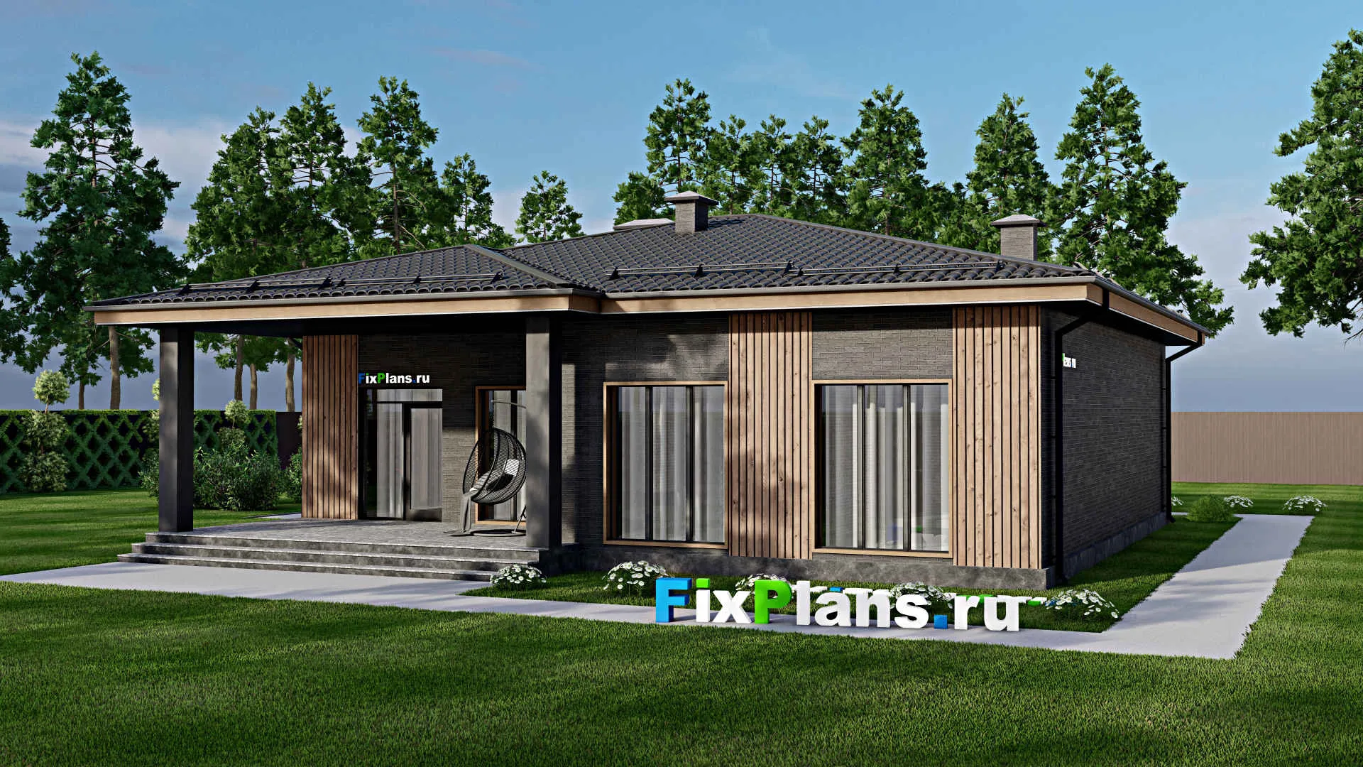 F-4616 - Проект одноэтажного дома 14 на 15, площадью 170 м² с террасой и 3 спальнями