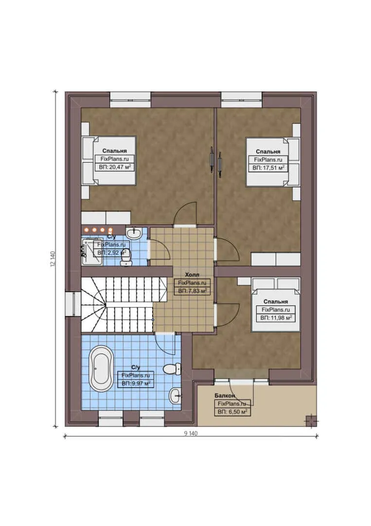 F-1439 - Планы двухэтажного дома 10 на 15, площадью 180 м² с террасой, балконом и 3 спальнями