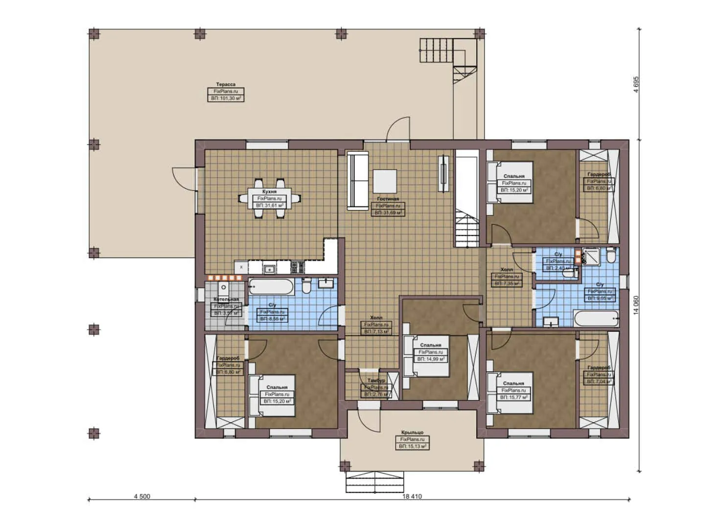 F-7730 - План одноэтажного дома 15 на 19, площадью 310 м² с террасой и 4 спальнями