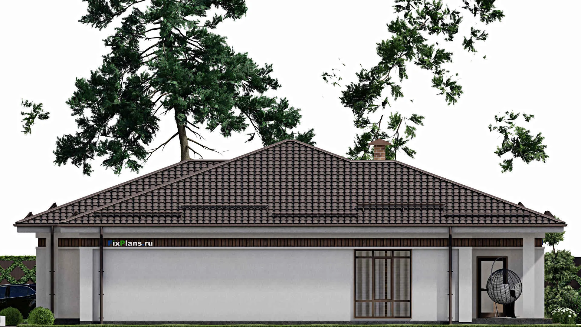 F-2582 - Проект одноэтажного дома 14 на 18, площадью 310 м² с террасой, балконом, гаражом на 1 машину и 11 спальнями