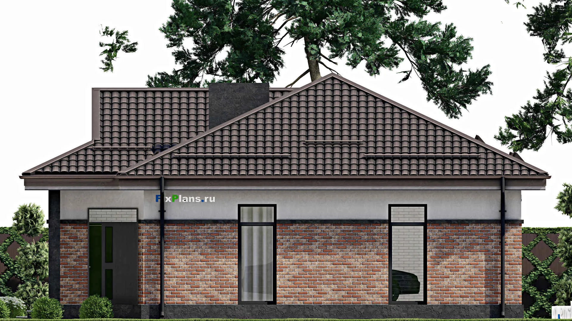 F-2105 - Проект одноэтажного дома 13 на 15, площадью 140 м² с террасой, гаражом на 2 машины и 2 спальнями