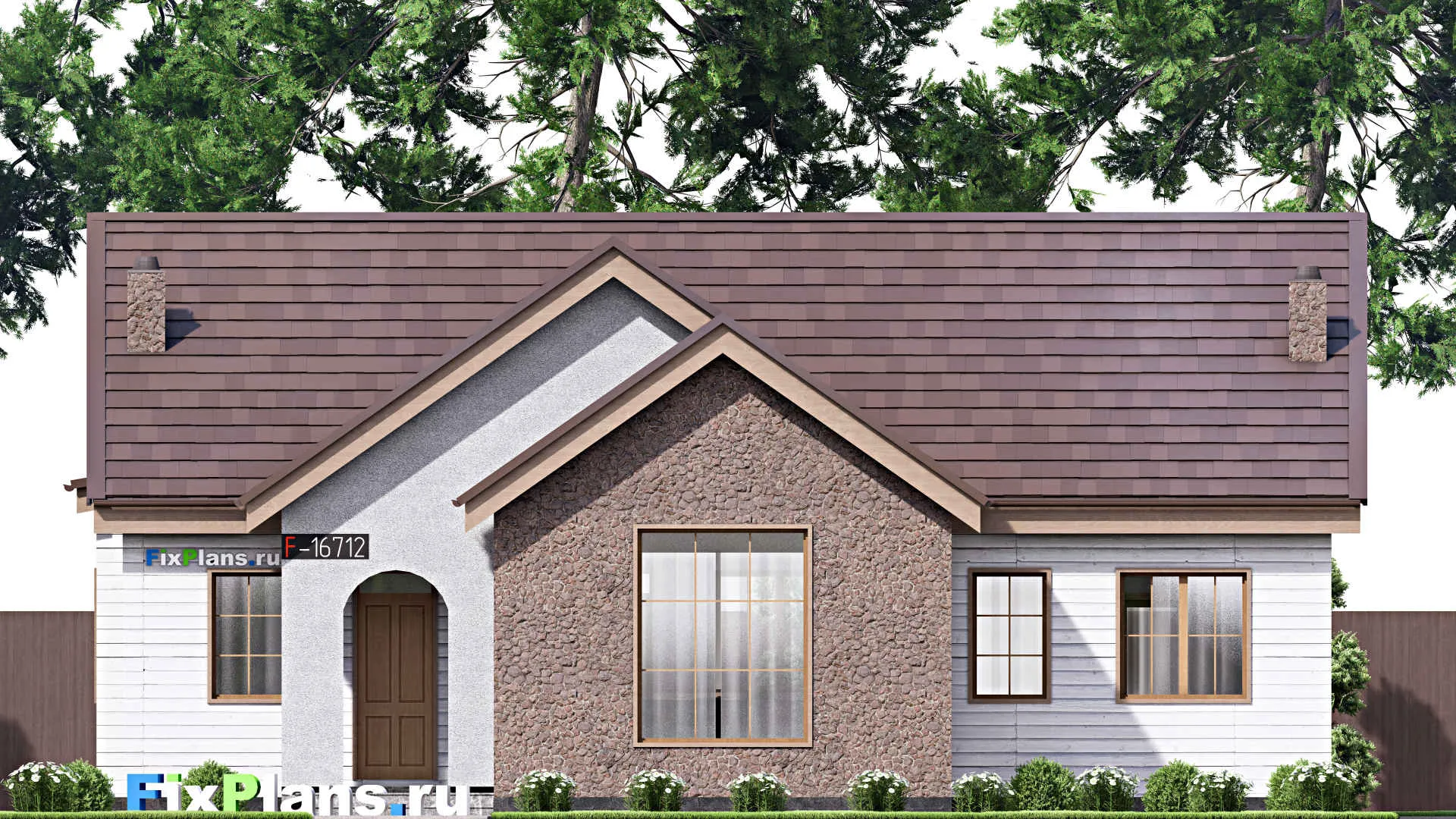 F-16712 - Проект одноэтажного дома 15 на 15, площадью 130 м² с террасой и 2 спальнями