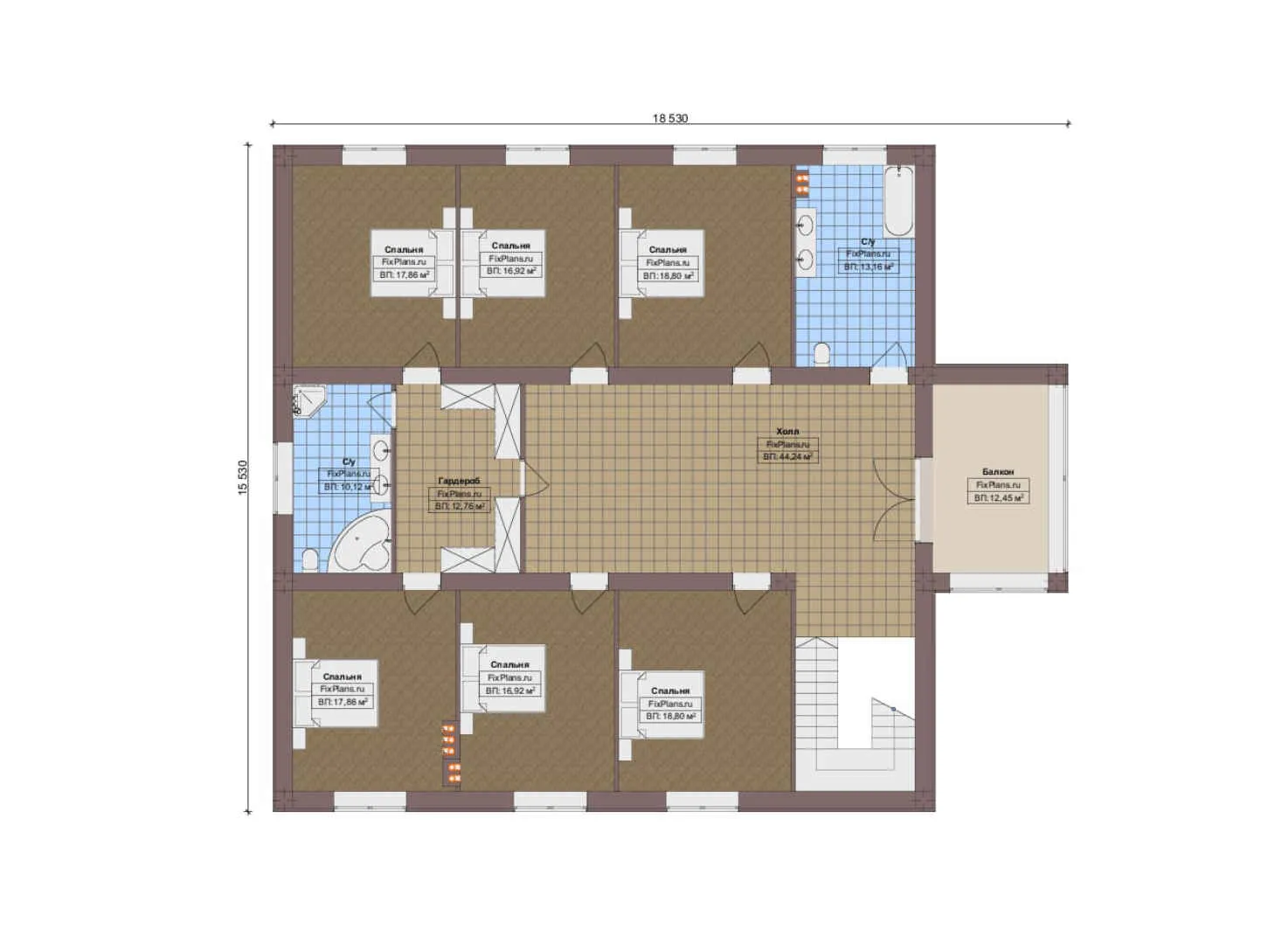 F-17009 - Планы двухэтажного дома 19 на 21, площадью 490 м² с террасой, балконом, баней, спортзалом и 8 спальнями
