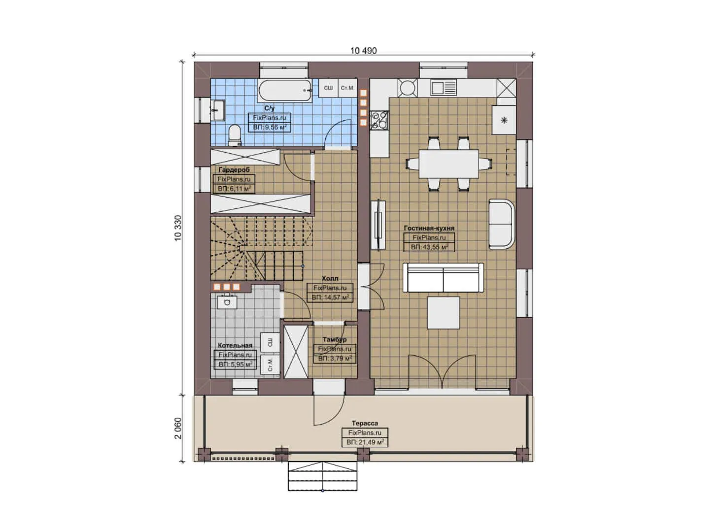 F-6083 - Планы двухэтажного дома 11 на 11, площадью 210 м² с террасой, балконом и 3 спальнями