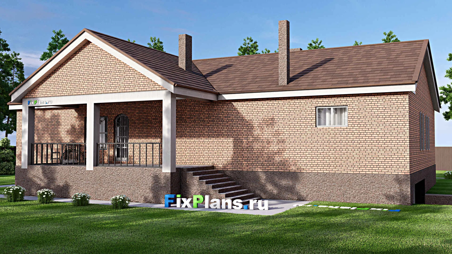 F-16892 - Проект одноэтажного дома 18 на 22, площадью 460 м² с террасой, цокольным этажом, гаражом на 2 машины и 4 спальнями