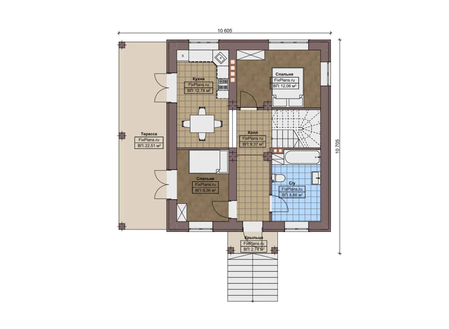 F-11150 - Планы двухэтажного дома 11 на 11, площадью 190 м² с террасой, цокольным этажом и 5 спальнями