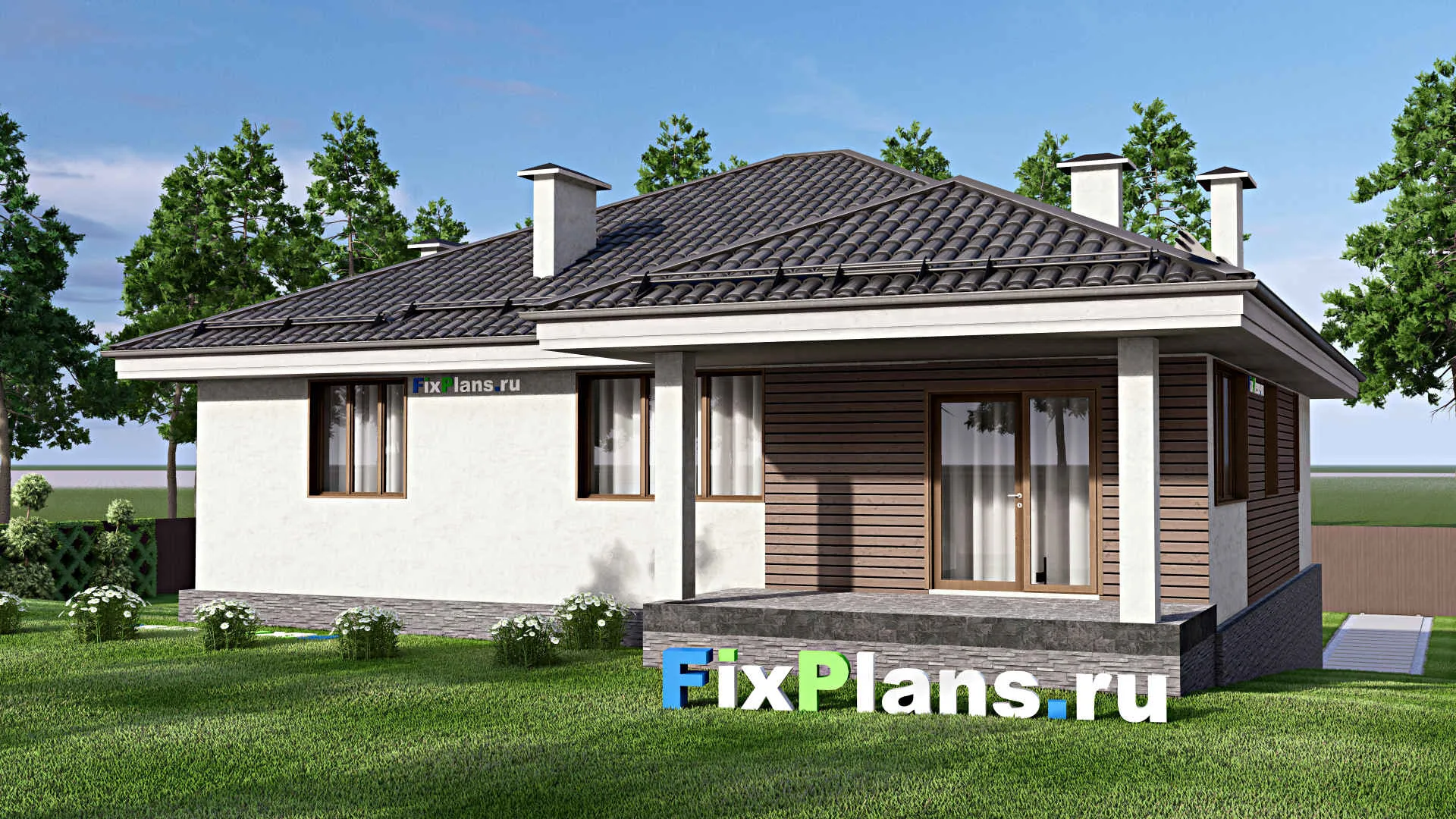 F-9467 - Проект двухэтажного дома 13 на 16, площадью 260 м² с террасой, цокольным этажом, гаражом на 1 машину и 3 спальнями