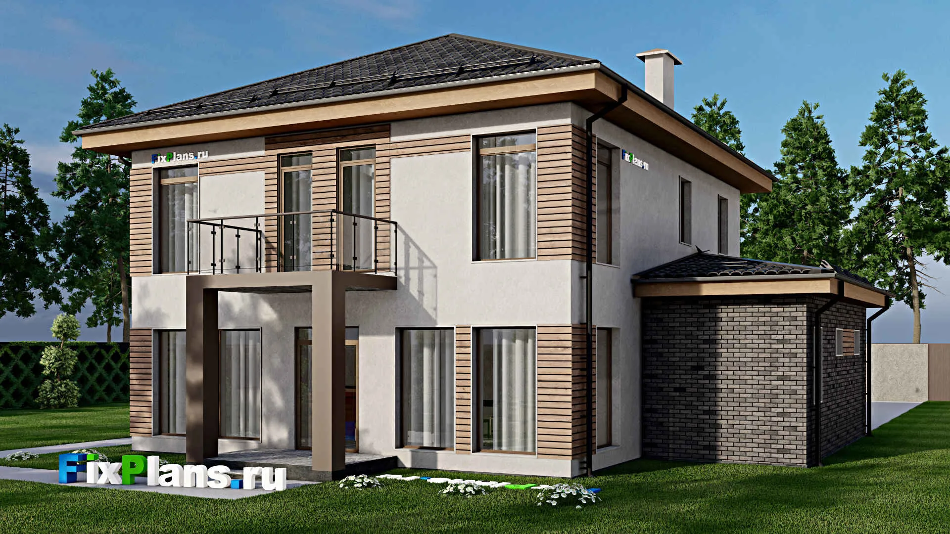 F-8522 - Проект двухэтажного дома 14 на 16, площадью 230 м² с террасой, балконом, гаражом на 1 машину и 5 спальнями